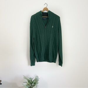 U.S Polo Assassin Dark Green Cable Knit Quarter Zip Sweater Preppy